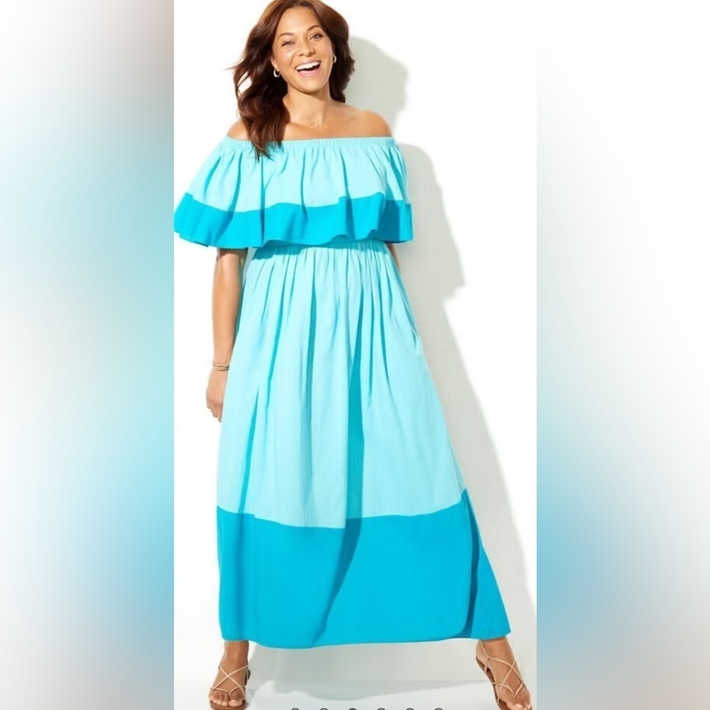 NWOT SWIMSUITS FOR ALL OFF THE SHOULDER TURQUOISE MAXI DRESS 18/20. BEAUTIFUL! - Picture 2 of 9